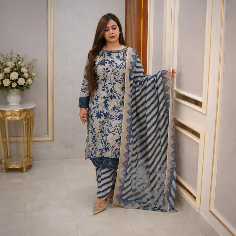 Azure Bloom Digital Printed Three Piece