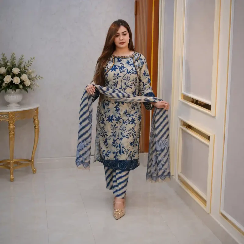 Azure Bloom Digital Printed Three Piece