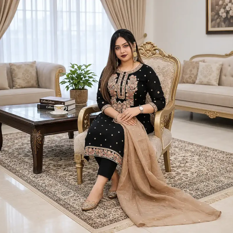 Black Pearl Sequence Embroidered Three Piece 01