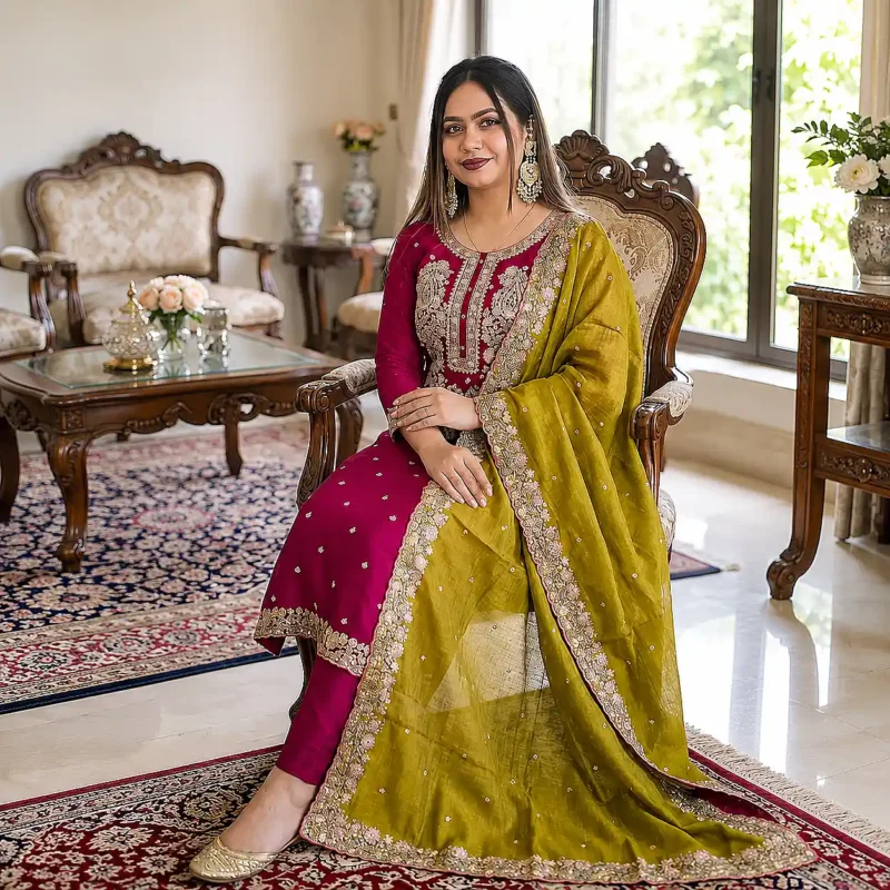 Burgundy Blossom Sequence Embroidery Three Piece 01