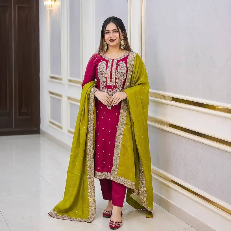 Burgundy Blossom Sequence Embroidery Three Piece 02