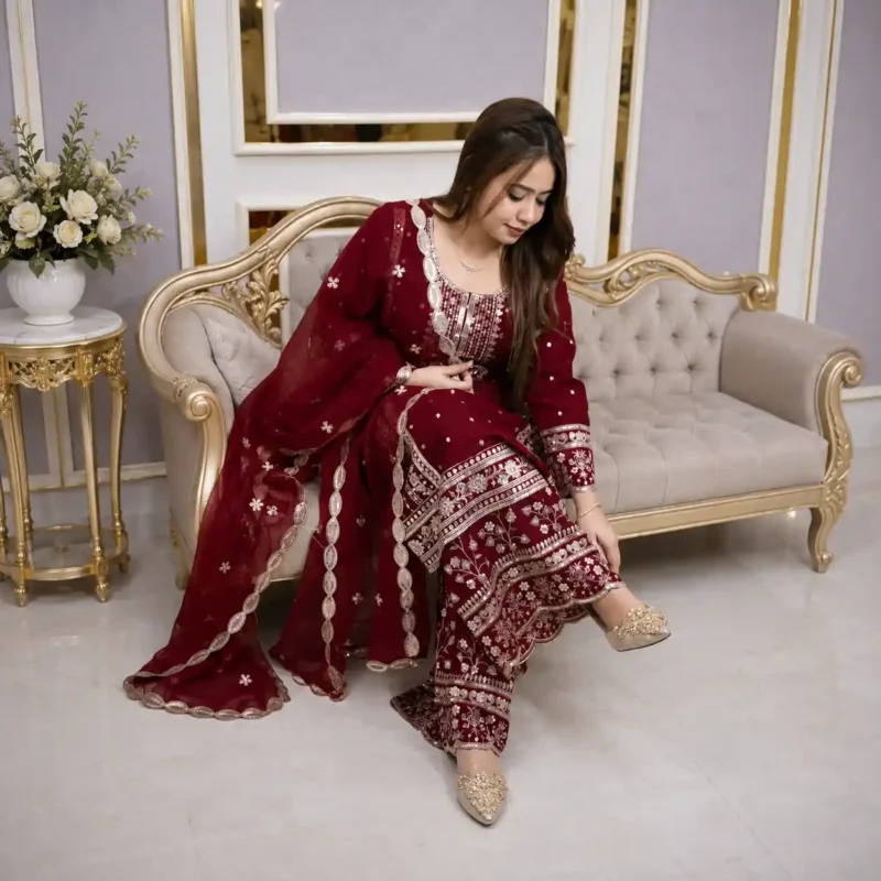 Crimson Majesty Sequin Embroidered Three Piece