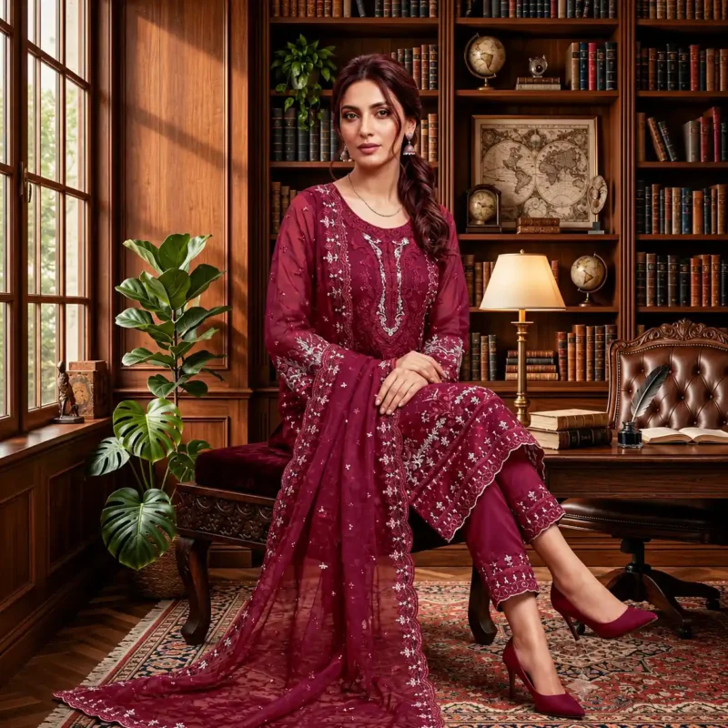 Crimson Royale Embroidered Three Piece