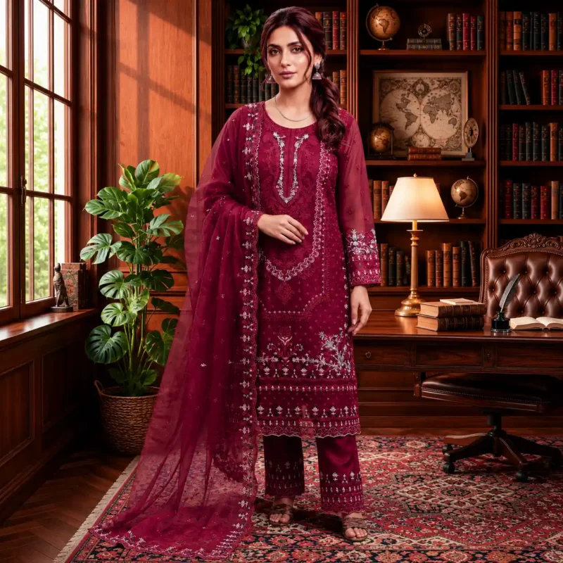 Crimson Royale Embroidered Three Piece
