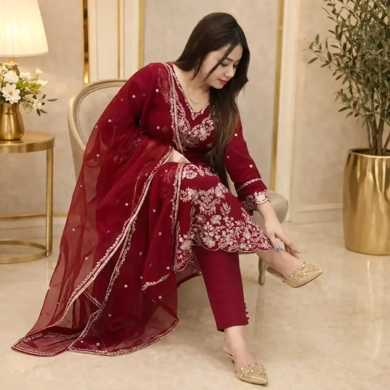 Maroon Majesty Premium Embroidered Three Piece