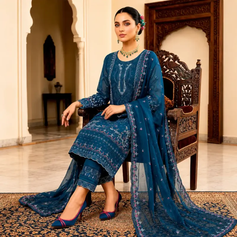 Midnight Azure Embroidered Three Piece