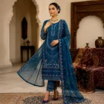 Midnight Azure Embroidered Three Piece