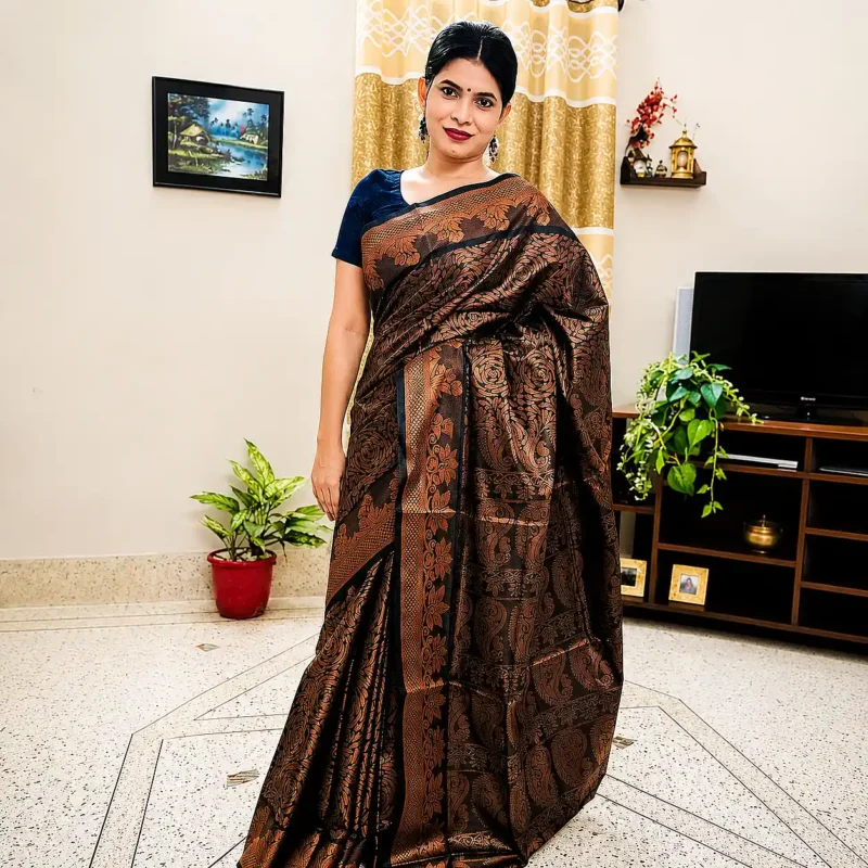 Midnight Copper Bloom Katan Silk Saree