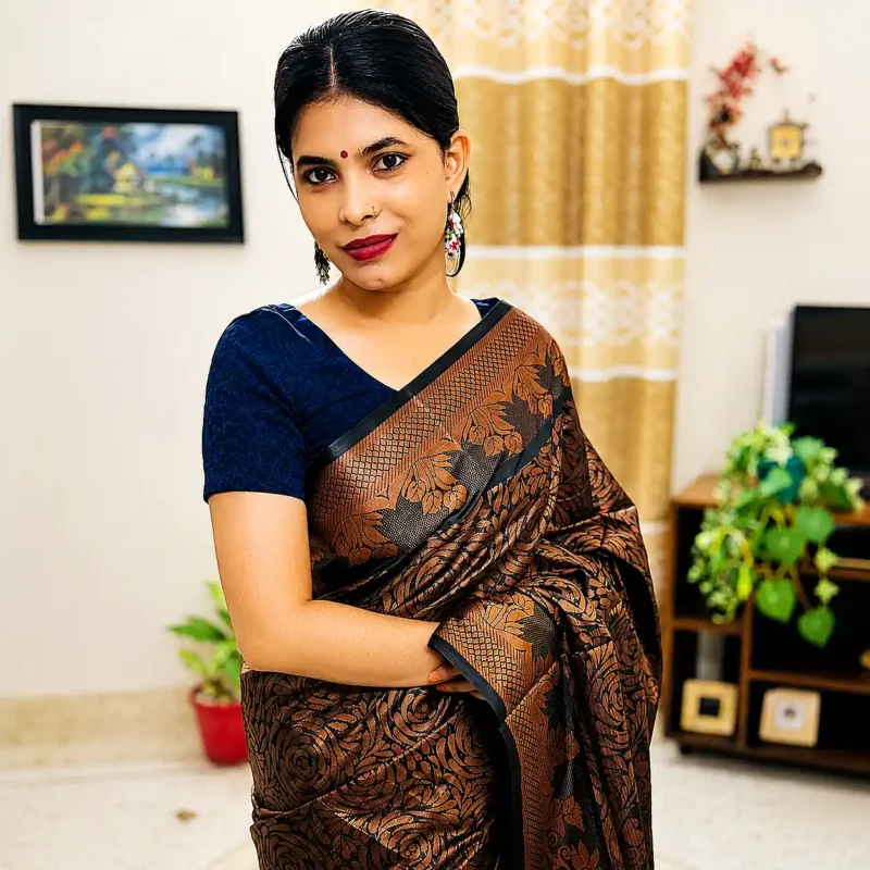 Midnight Copper Bloom Katan Silk Saree in rich black with elegant copper floral weaving and luxurious traditional woven border