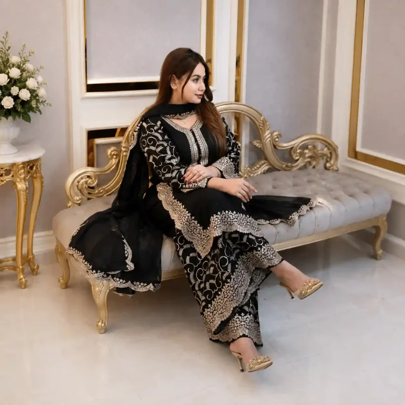 Midnight Noir Sequin Embroidered Three Piece