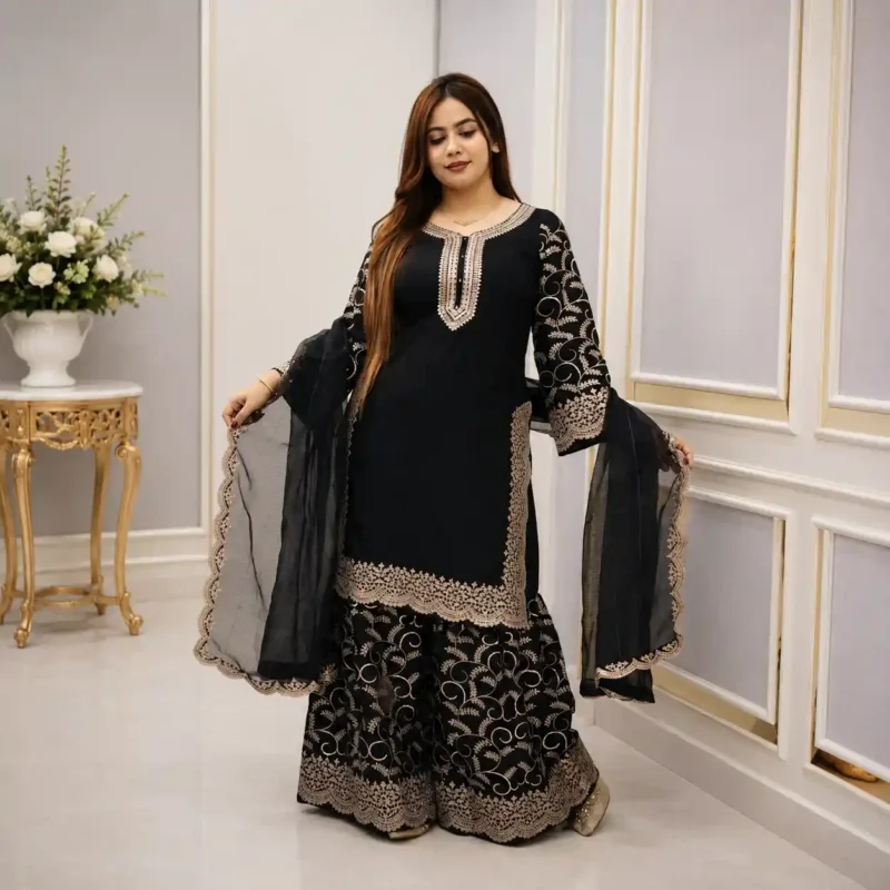 Midnight Noir Sequin Embroidered Three Piece