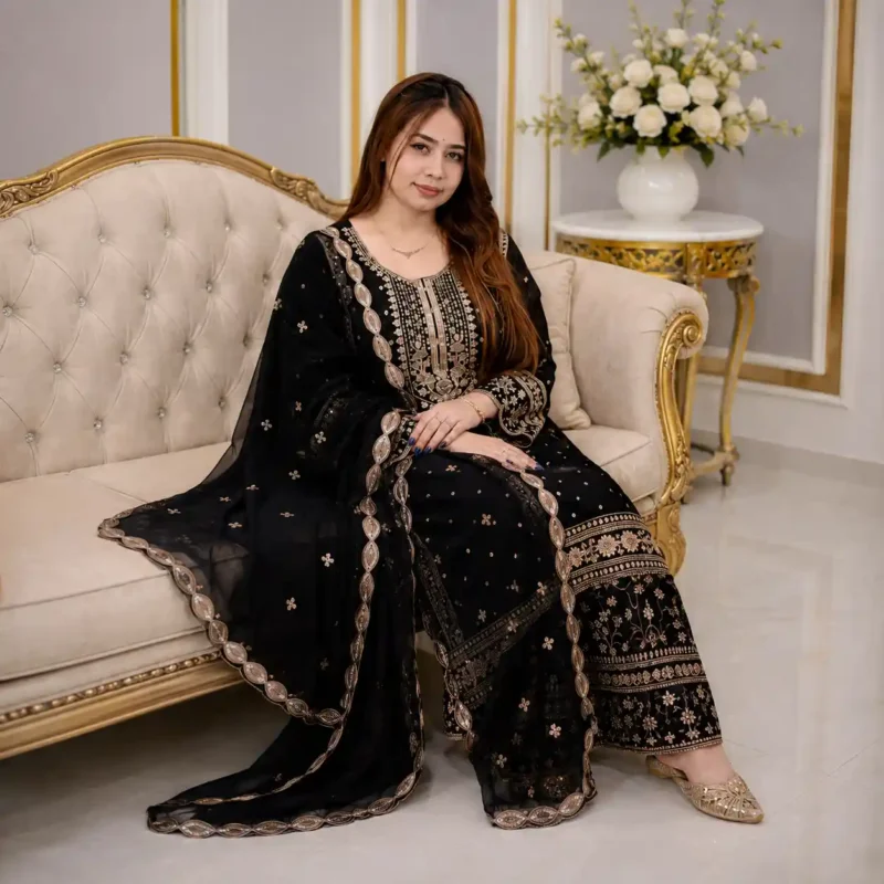 Onyx Royale Sequin Embroidered Three Piece