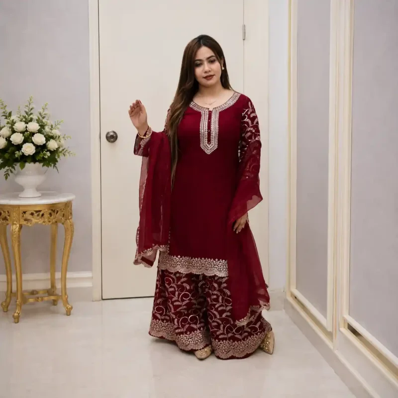 Royal Merlot Sequin Embroidered Three Piece