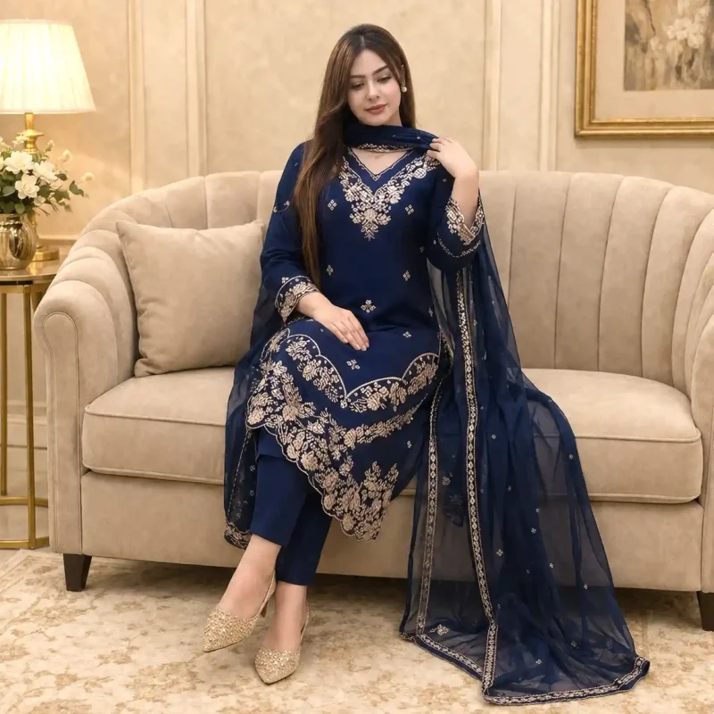Royal Midnight Luxe Embroidered Three Piece