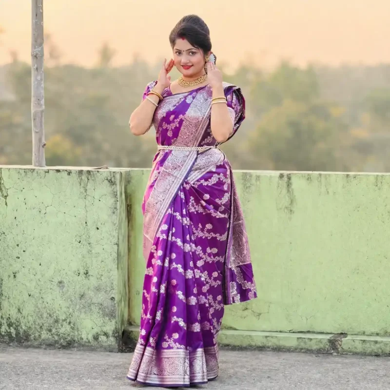 Royal Orchid Silver Grace Soft Katan Saree