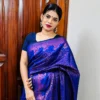 Royal Sapphire Rose Katan Silk Saree in rich royal blue featuring intricate rose zari weaving, an elegant woven border, and a luxurious designer pallu