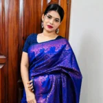 Royal Sapphire Rose Katan Silk Saree in rich royal blue featuring intricate rose zari weaving, an elegant woven border, and a luxurious designer pallu