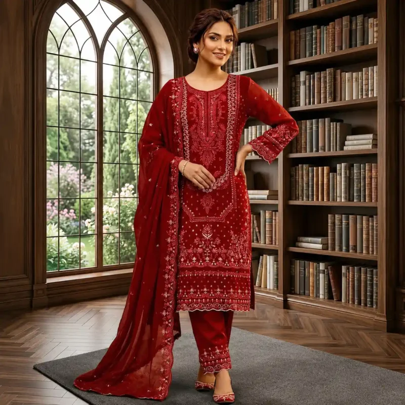 Royale Ruby Embroidered Three Piece