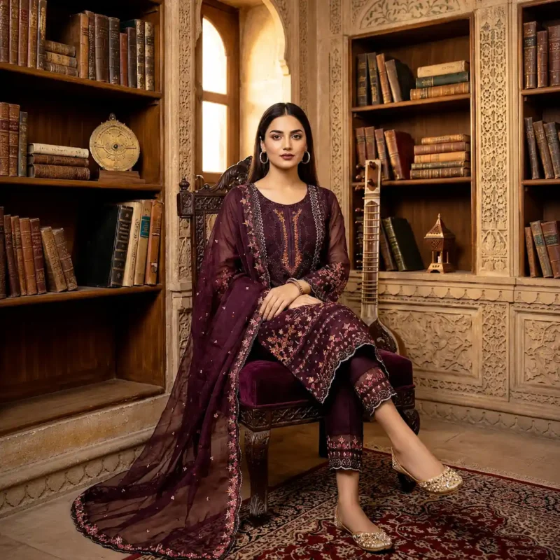 Velvet Plum Elegance Embroidered Three Piece