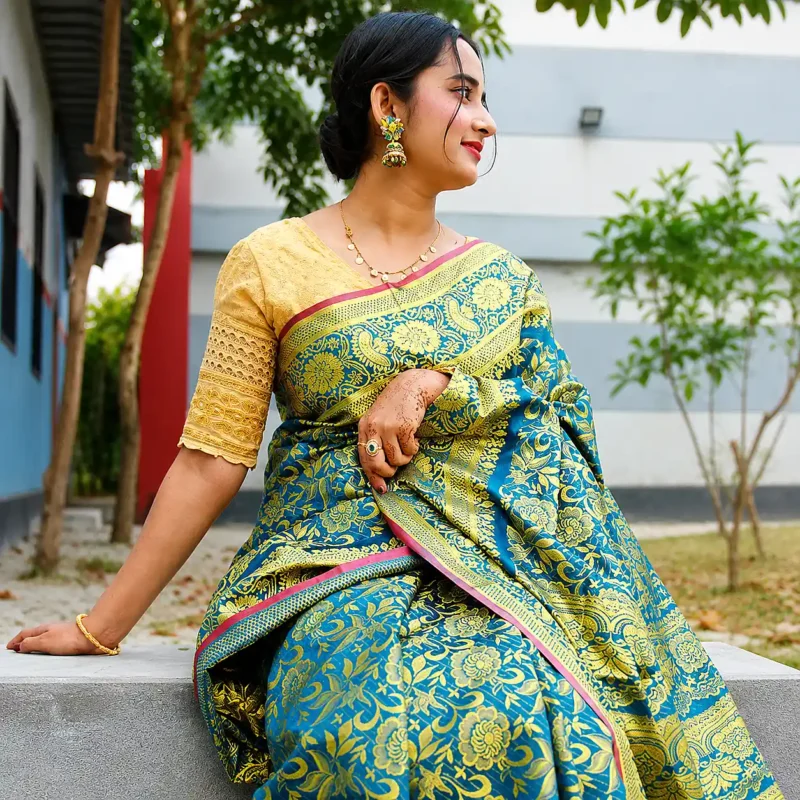 Neelambari Golden Bloom Katan Silk Saree