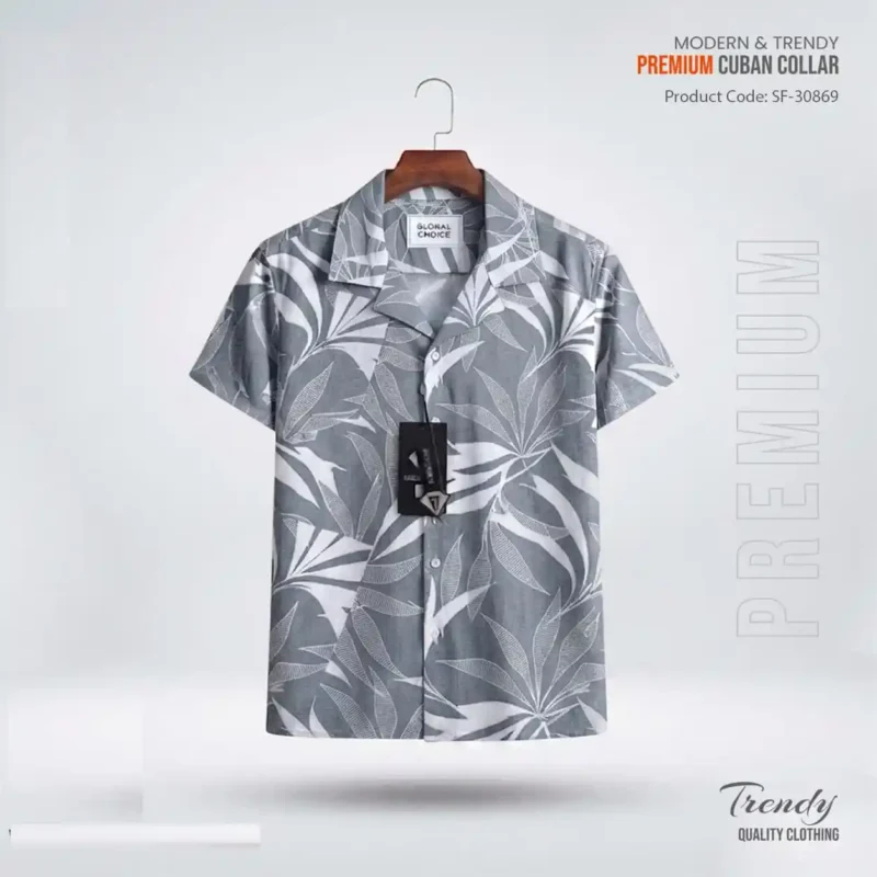 Monochrome Palm Premium Cuban Collar Shirt