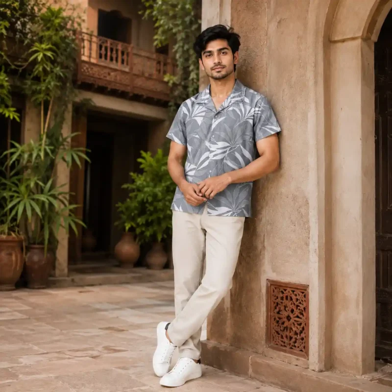 Monochrome Palm Premium Cuban Collar Shirt